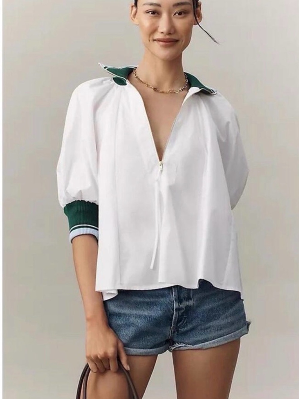 Mauve White Puff-Sleeve Polo Blouse with Green Trim